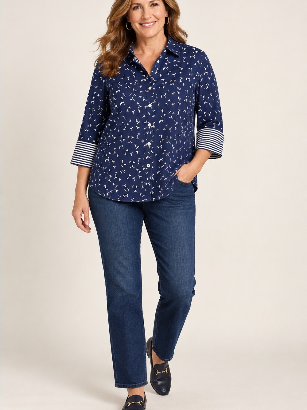 Foxcroft NYC Womens Size XL Navy White Bird Print Button Up Shirt 3/4 Sleeve